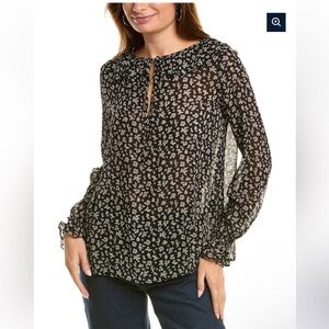 NWT The Kooples Tie Neck Blouse with Black and White Floral Print